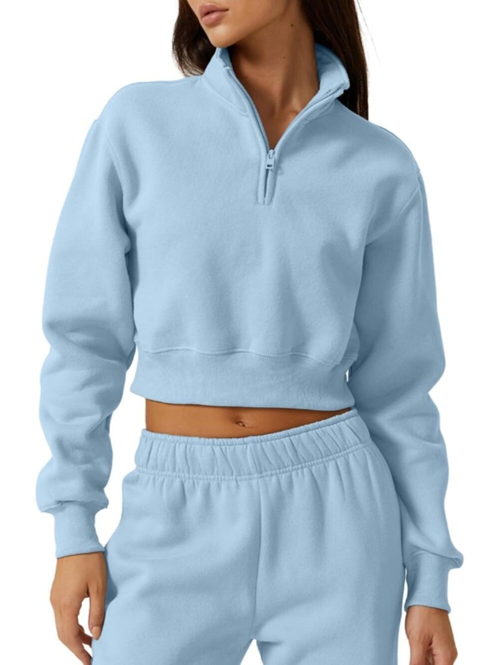 Women's Sky Blue Solid Fleece High Neck Half Zip Pullover Cropped Top Sweatshirt